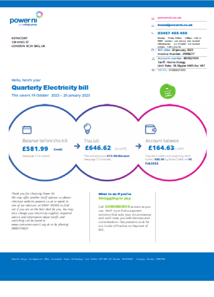 Power NI utility business bill, SCR PSD template